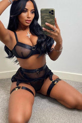 Black Fishnet Underwire Garter V-String Lingerie 6 Pc Set Areous